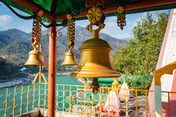indian religious holy copper bell from low angle