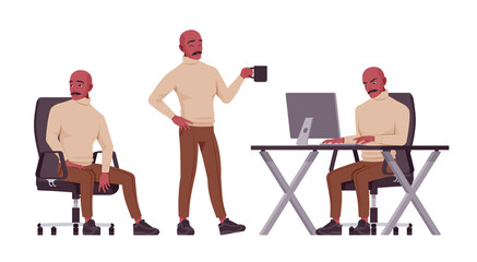 Handsome man set, spanish bold Latin American busy clerk. Office worker, businessman, male employee in formal wear. Vector flat style cartoon character isolated on white background, different poses