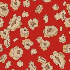 Seamless pattern with popcorn. Vintage style pop corn fluffy flakes on red background.