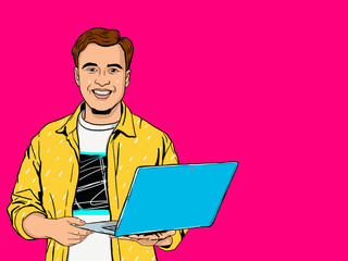Young happy smiling man with laptop in the hand in comic style. IT Advertising poster of smart guy  standing and using computer. Business, technology and office concept. - 498285548
