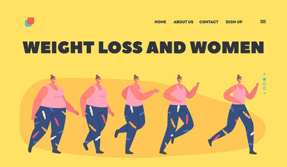 Weight Loss Landing Page Template. Transformation Stages of Obese Woman Turn into Healthy Body, Sport Training