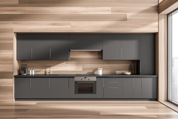 Fototapeta premium Front view on bright kitchen room interior with cupboard, window