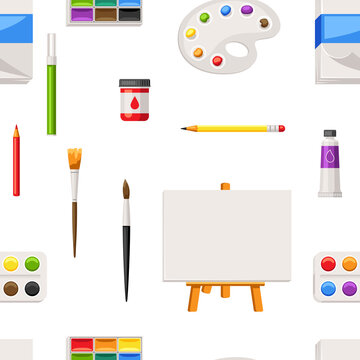 Seamless pattern with painter tools and materials. Art supplies for creativity.