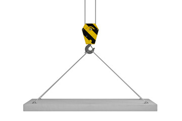 Slab hanged on crane hook by rope slings. 3d render