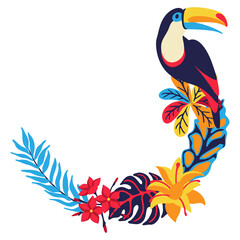 Frame with toucan and tropical plants. Exotic decorative bird, flowers anf leaves.