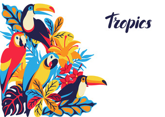Card with macaw parrot, toucan and tropical plants. Exotic decorative birds, flowers anf leaves. © incomible