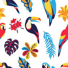 Seamless pattern with macaw parrot, toucan and tropical plants. Exotic decorative birds, flowers anf leaves.