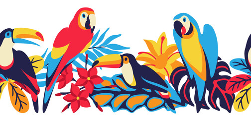 Seamless pattern with macaw parrot, toucan and tropical plants. Exotic decorative birds, flowers anf leaves.