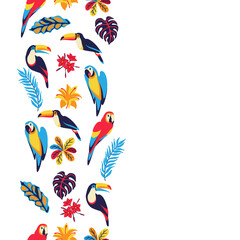 Fototapeta na wymiar Seamless pattern with macaw parrot, toucan and tropical plants. Exotic decorative birds, flowers anf leaves.