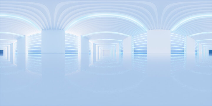 Empty white tunnel, 3d rendering. 360-degree seamless panoramic view.