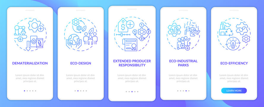 Areas of industrial ecology blue gradient onboarding mobile app screen. Walkthrough 5 steps graphic instructions pages with linear concepts. UI, UX, GUI template. Myriad Pro-Bold, Regular fonts used
