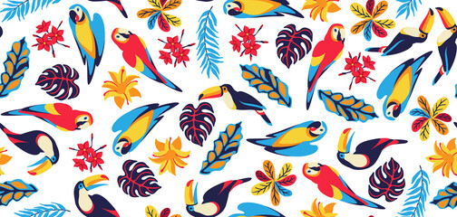 Seamless pattern with macaw parrot, toucan and tropical plants. Exotic decorative birds, flowers anf leaves.