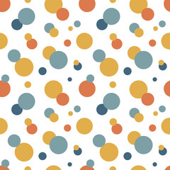 Colorful circles seamless pattern isolated on white background. Blue, yellow and terracotta minimalist shapes vector illustration.