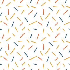 Colorful small lines seamless pattern on white background. Blue, yellow and terracotta minimalist vector illustration.