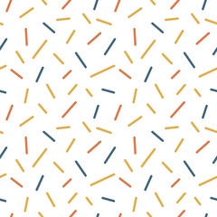 Colorful small lines seamless pattern on white background. Blue, yellow and terracotta minimalist vector illustration.