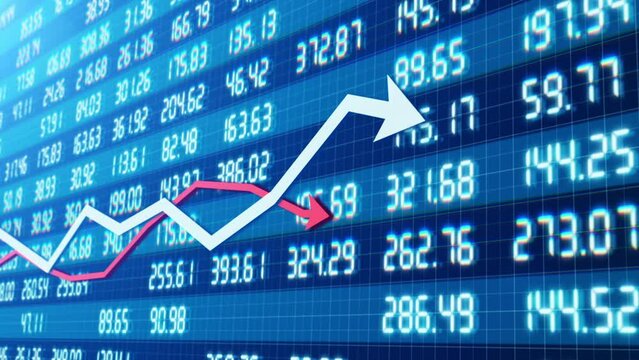 Financial 3d chart with changing index rates with moving economic curves against of corporate background with figures on the stock market board. Finance graph with securities and bonds infographic.