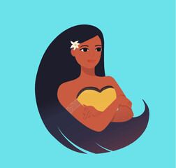 Pocahontas, girl with long hair, vector illustration