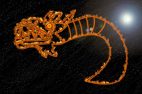 Quetzalcoatl god of Mexican culture in polytheistic religion also known as feathered serpent in Mexico with fire effect when drawn