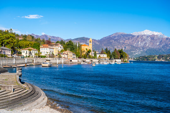 The town of Tremezzina, on Lake Como, photographed on a spring day.