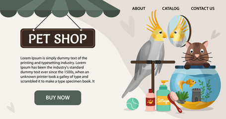 Pet shop sale banner or hedder for website with domestic animals and care accessories. Zoo store discount 