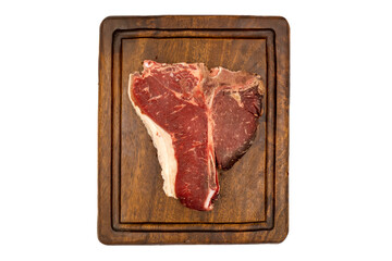 Dry-aged Raw T-bone or porterhouse beef meat Steak with tomatoes and peppers. white background. Yakın çekim