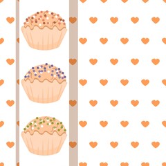 Background from hearts and templates of cupcakes with multi-colored sprinkles. Seamless pattern design for banners, cards, covers and flyers. Vector illustration.