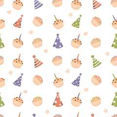 Tuinposter Birthday celebrate seamless patten with hats and cupcakes. Vector illustration for festive wrapping paper and wallpaper, banner, background, flyer and postcard. © Vala Ivaschenko