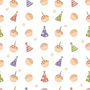 Birthday celebrate seamless patten with hats and cupcakes. Vector illustration for festive wrapping paper and wallpaper, banner, background, flyer and postcard.