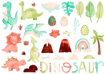 Set of animals watercolor Dinossauros Cute 