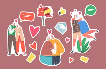 Set of Stickers Loving Senior Couples Hug, Romantic Relations. Happy Old Men and Women Embracing, Holding Hands