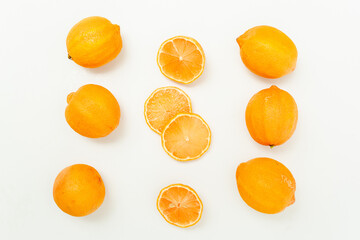 Fresh Citrus Fruit. Lemon, Orange, Mandarin, Grapefruit on Solid White Colored Background.