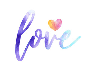 Vector watercolor word Love with Heart in blue and orange colors