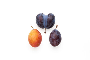 Two ripe multi-colored plums and ugly double prunes on white background. Concept - Ugly fruits....