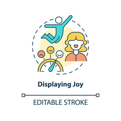 Displaying joy concept icon. Showing pleasure. Charismatic people characteristic abstract idea thin line illustration. Isolated outline drawing. Editable stroke. Arial, Myriad Pro-Bold fonts used