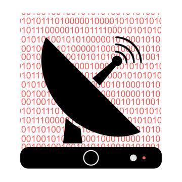Setup box with satellite dish. Satellite Dish receiving binary code signals concept. Flat style illustration. 