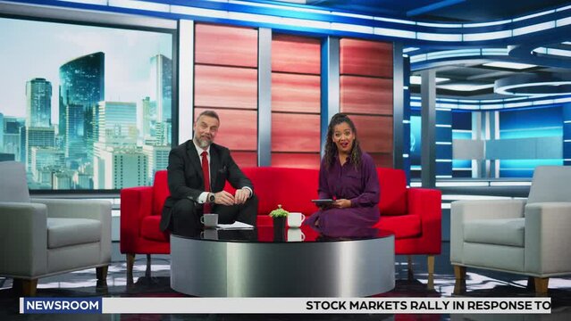 Talk Show TV Program Montage: Presenter and Celebrity Interview. Host and Guest Discuss Politics, Economy, Science, News, Entertainment, Upcoming Movie. Mockup Playback Cable Channel Television Studio