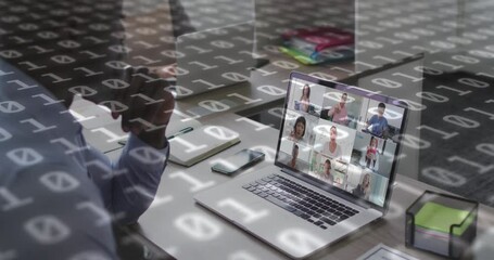 Animation of binary coding over african american businessman having laptop video call - Powered by Adobe