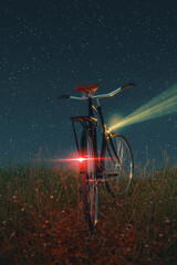 Fototapeta na wymiar 3d rendering of parked bicycle with lights at night