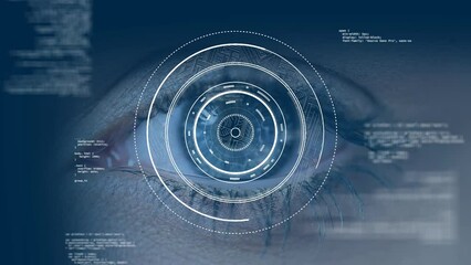 Animation of financial data processing and scope scanning over eye - Powered by Adobe