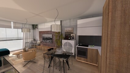 SALON COMEDOR DE LOFT DE ESTILO SOFISTICADO E INDUSTRIAL CLASICO