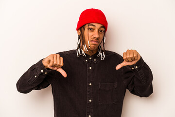 Young African American man isolated on white background showing thumb down, disappointment concept.