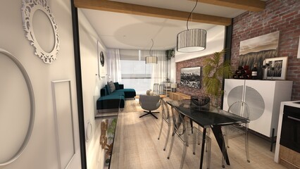 SALON COMEDOR DE LOFT DE ESTILO SOFISTICADO E INDUSTRIAL CLASICO