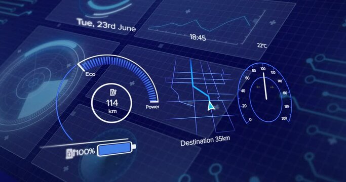 Animation of car cockpit over data processing on blue background