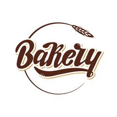 Bakery, hand lettering logotype. Brown letters on the white background with a shadow inside the grain ear. Digital lettering for package bakery shop advertising printing. Vector illustration.