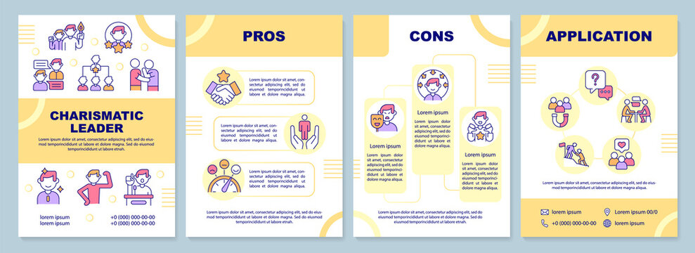 Charismatic leadership orange brochure template. Inspire and motivate. Leaflet design with linear icons. 4 vector layouts for presentation, annual reports. Arial-Black, Myriad Pro-Regular fonts used