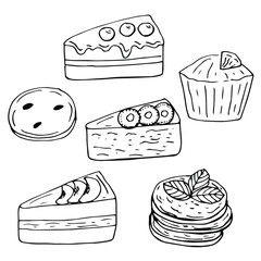 Vegan cakes set vector illustration, hand drawing doodles
