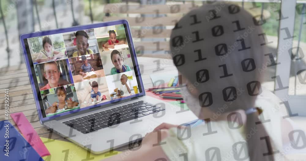 Poster animation of binary coding over schoolgirl having school video call with schoolchildren