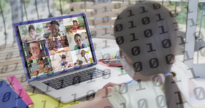 Animation of binary coding over schoolgirl having school video call with schoolchildren