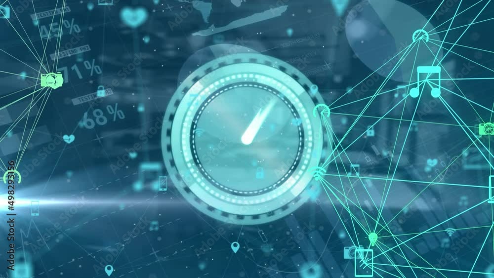 Poster animation of clock moving and data processing on blue background