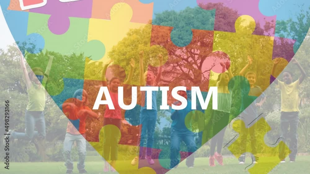 Sticker Animation of autism awareness month text over puzzle and diverse children jumping